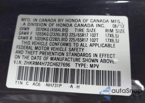 2012 Honda Cr-V Ex-L from USA, damaged, VIN 2HKRM4H72CH627696